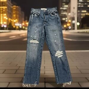 AMO Loverboy Freedom Blue Distressed Cropped Raw Hem Jeans in Retro Size 23